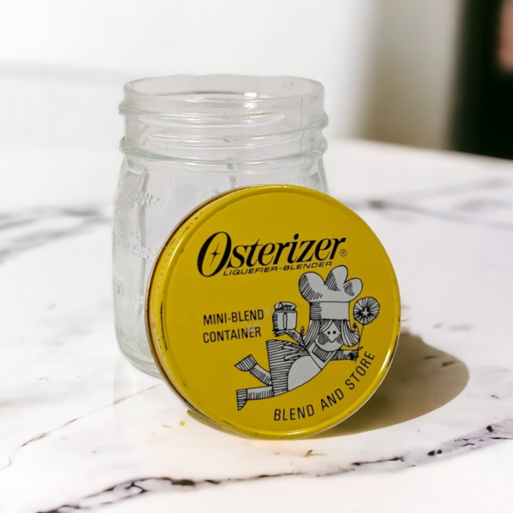 Vtg Osterizer Glass Mini Blend Container Jar Blend And Store 8 Ounce Yellow Lid